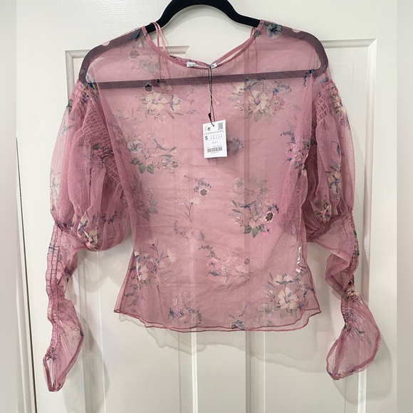 Zara printed floral sheer romantic love sleeve top - Picture 2 of 16